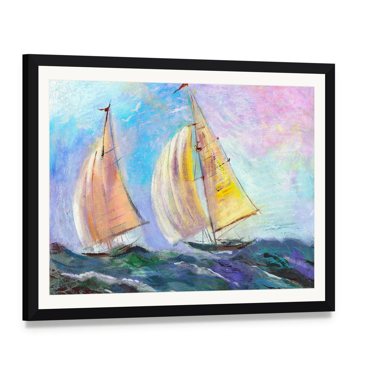 Two Sailboats on Blue Sea Canvas Wall Art, framed print with white mat and black frame, angled product view