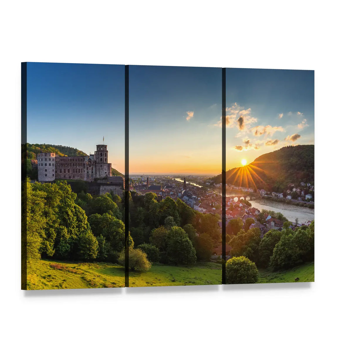 Heidelberg Castle at Sunrise Canvas Wall Art, 3 panel 3 Horizontal layout gallery wrapped canvas set, angled product view