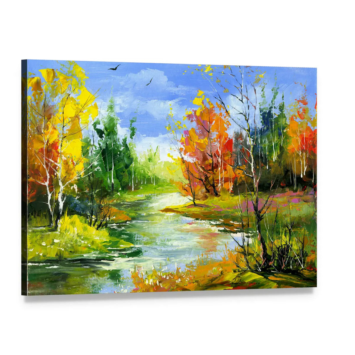 Autumn River with Birds Canvas Wall Art, single panel gallery wrapped canvas, angled product view
