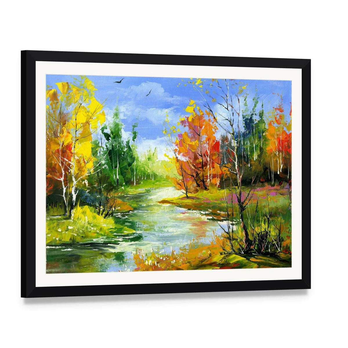 Autumn River Landscape Canvas Wall Art, framed print with white mat and black frame, angled product view