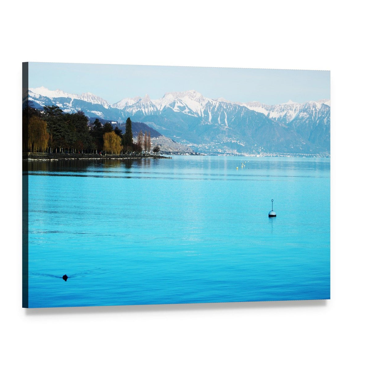 Geneva Lake Sailboat with Snow-capped Mountains Canvas Wall Art, single panel gallery wrapped canvas, angled product view