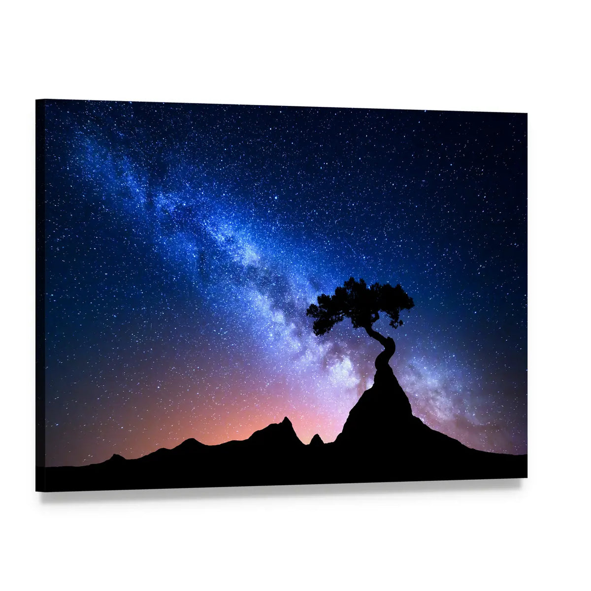 Alone Tree Under Starry Sky Canvas Wall Art, single panel gallery wrapped canvas, angled product view