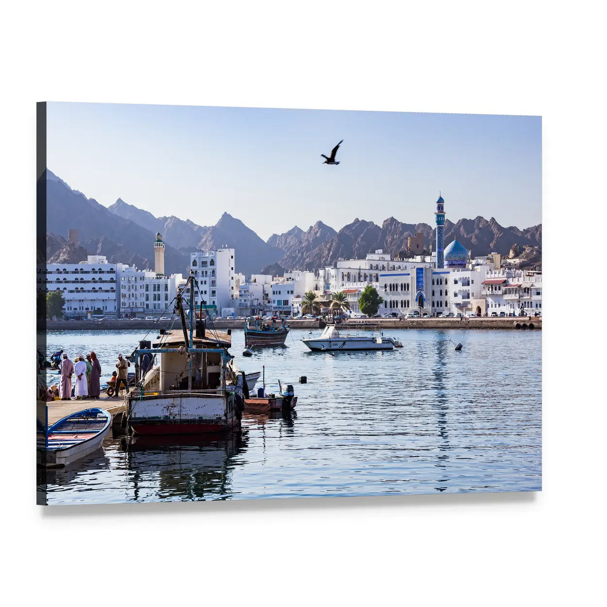 Muttrah Fish Docks Canvas Wall Art, single panel gallery wrapped canvas, angled product view