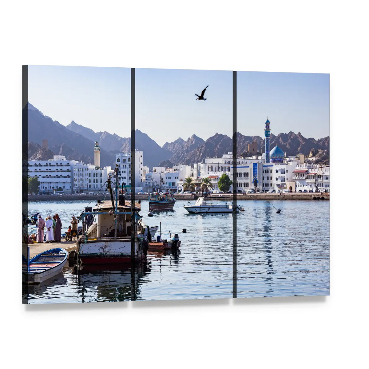 Muttrah Fish Docks Canvas Wall Art, 3 panel 3 Horizontal layout gallery wrapped canvas set, angled product view