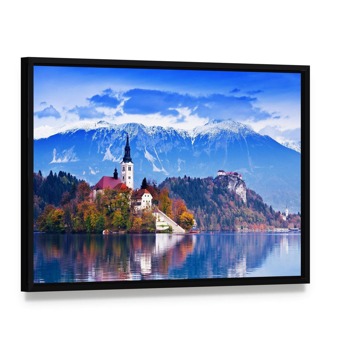 Lake Bled, Slovenia Canvas Wall Art, framed canvas in a black floater frame, angled product view