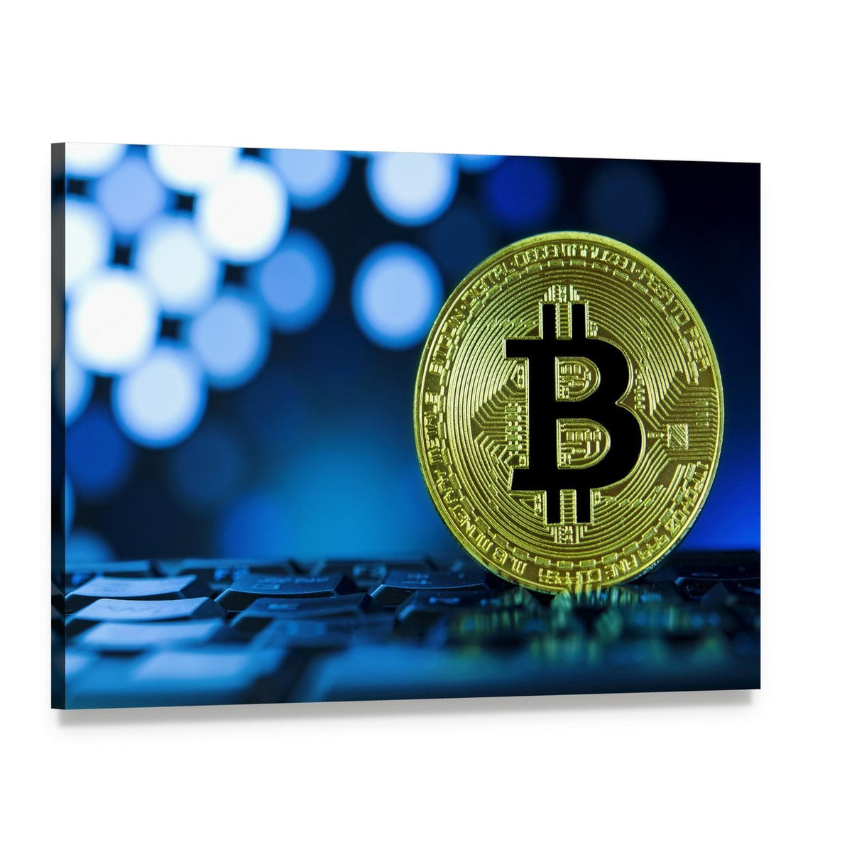 Golden Bitcoin on Keyboard Canvas Wall Art, single panel gallery wrapped canvas, angled product view