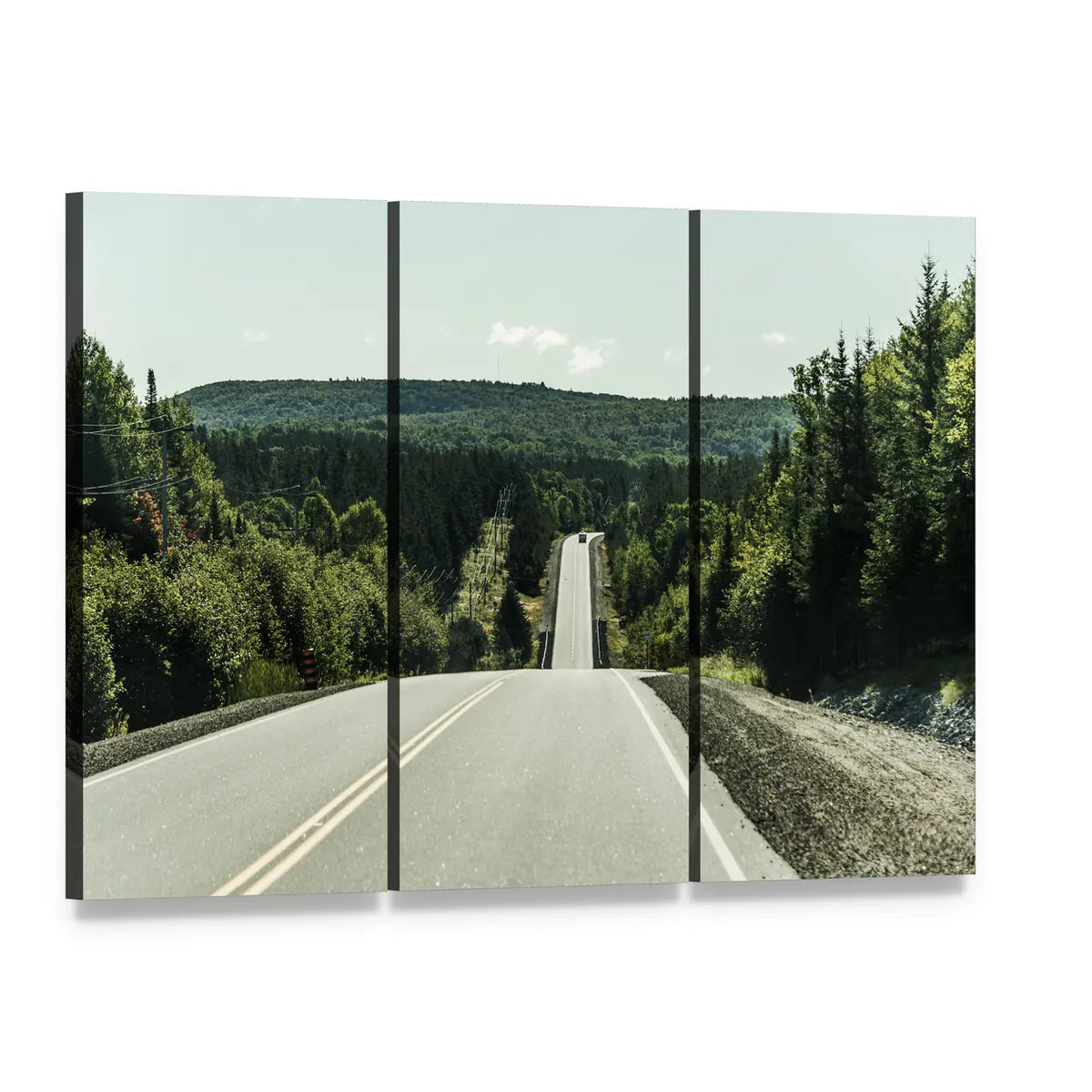 Road Through Algonquin Provincial Park Canvas Wall Art, 3 panel 3 Horizontal layout gallery wrapped canvas set, angled product view