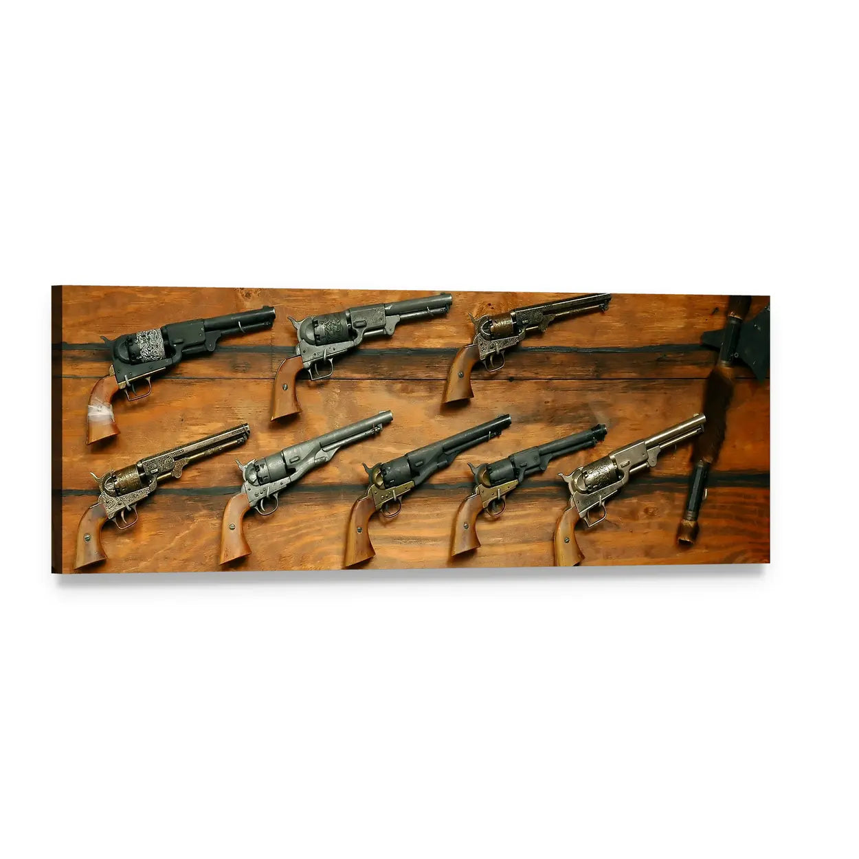 Antique Revolvers and Tomahawk Display Panoramic Canvas Wall Art, single panel gallery wrapped canvas, angled product view