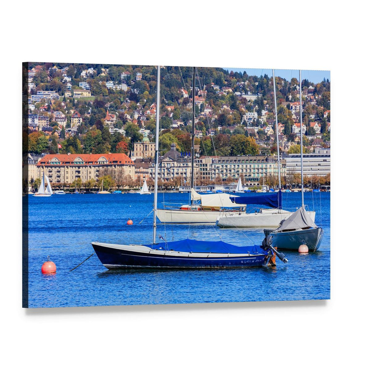 Sailboats on Lake Zurich Canvas Wall Art, single panel gallery wrapped canvas, angled product view