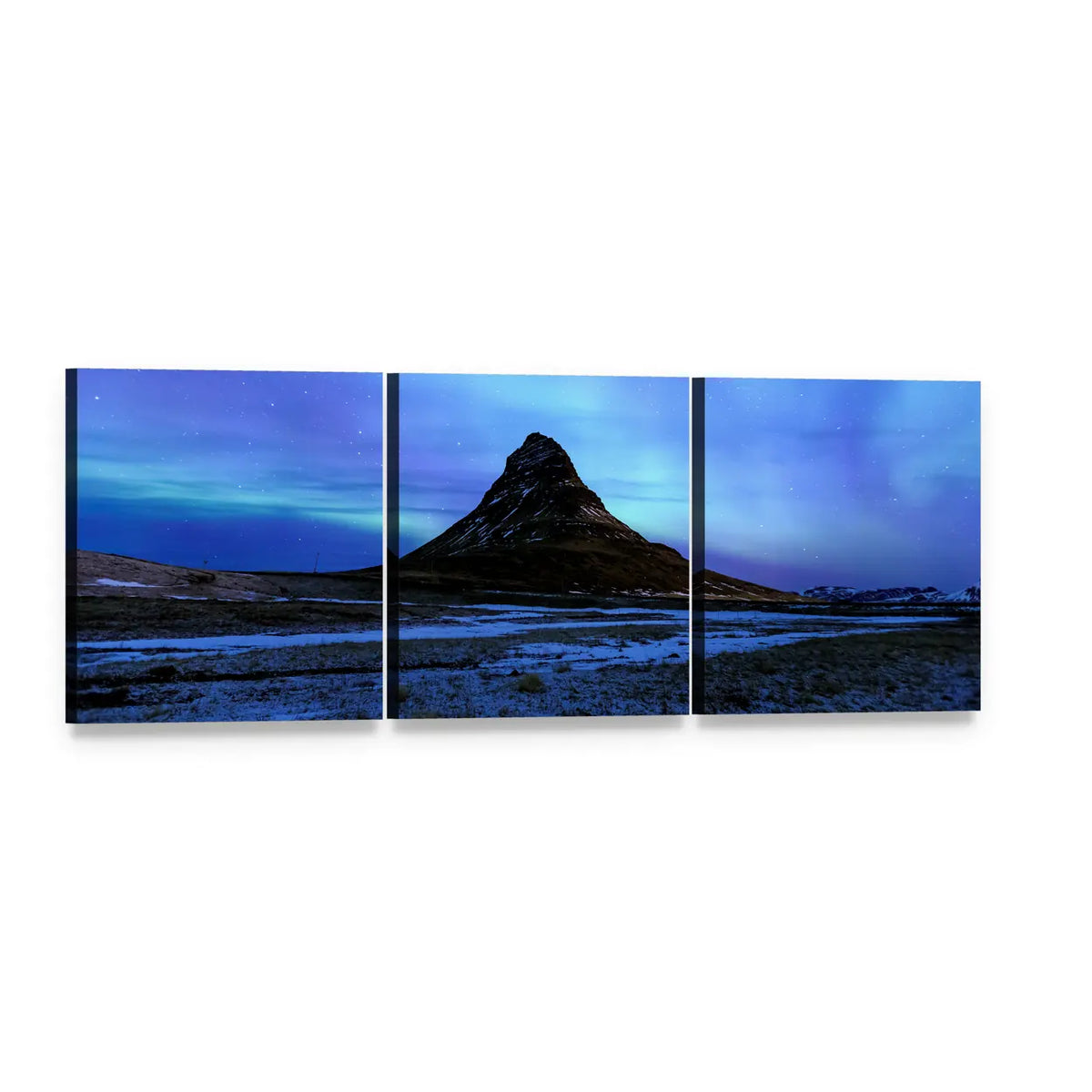 Kirkjufell Under Northern Lights Panoramic Canvas Wall Art, 3 panel 3 Piece layout gallery wrapped canvas set, angled product view