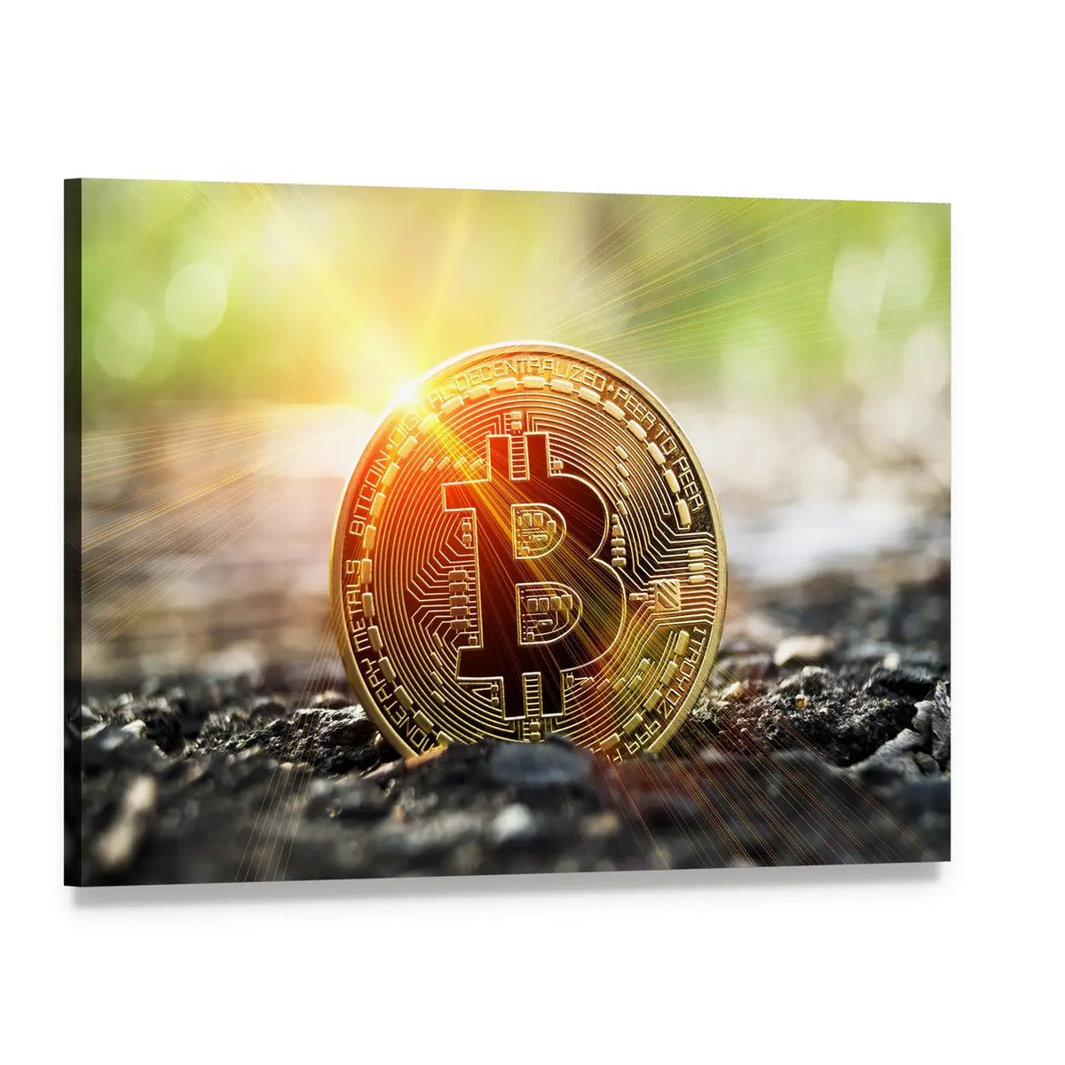 Bitcoin Coin Close-up Canvas Wall Art, single panel gallery wrapped canvas, angled product view