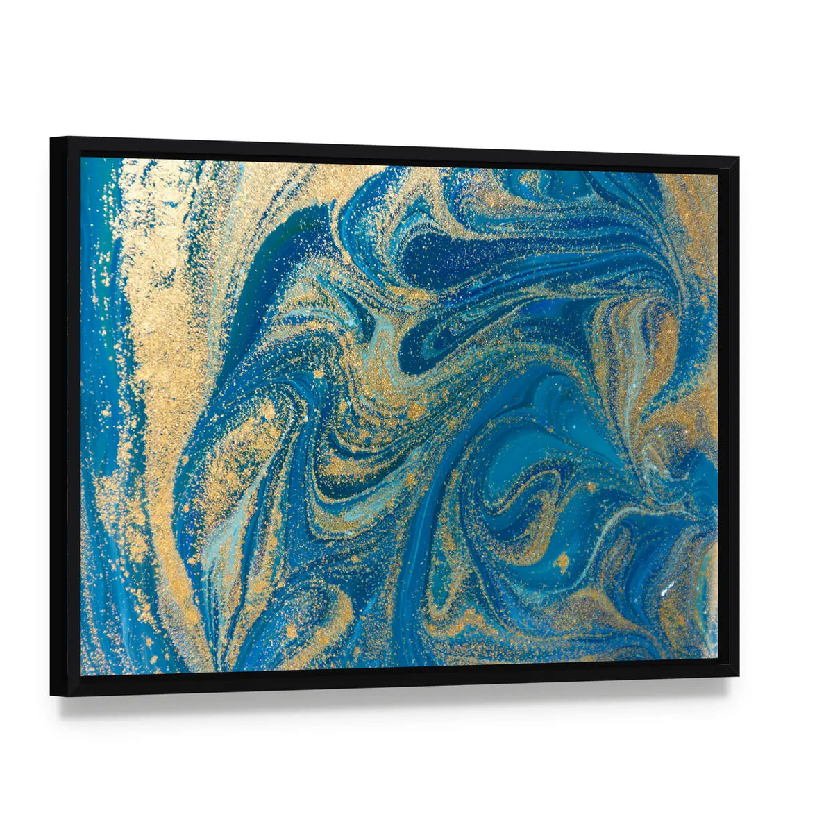 Hand Drawn Blue and Gold Marbling Canvas Wall Art, framed canvas in a black floater frame, angled product view