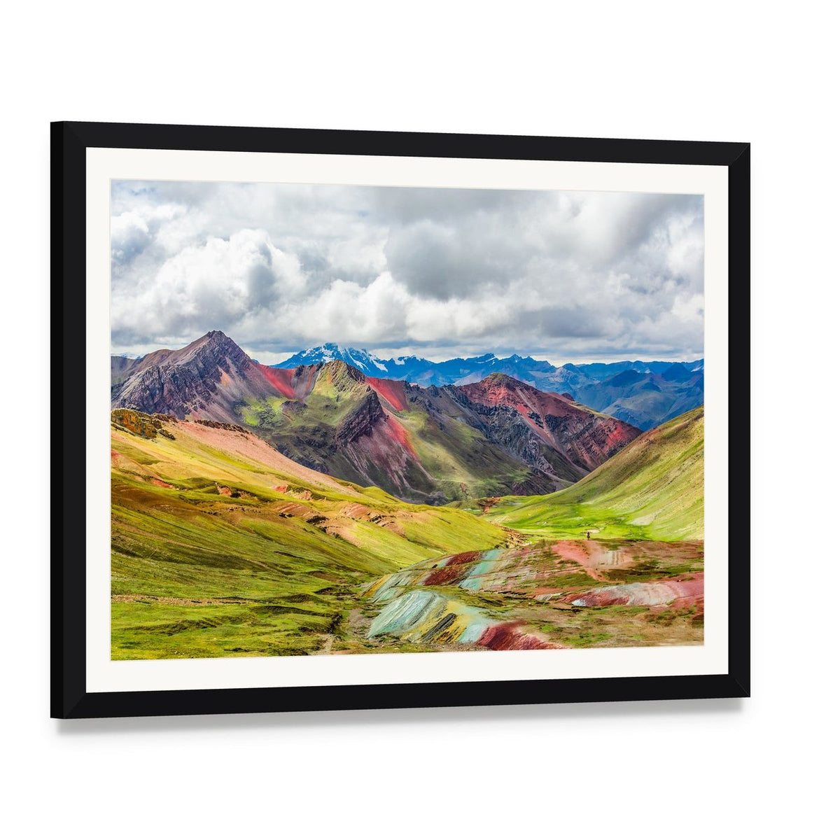 Vibrant Rainbow Mountain in Peru Canvas Wall Art, framed print with white mat and black frame, angled product view