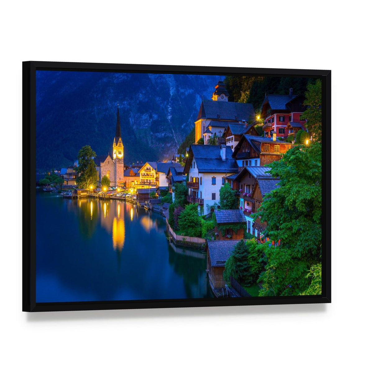 Hallstatt Village Illuminated at Dusk Canvas Wall Art, framed canvas in a black floater frame, angled product view