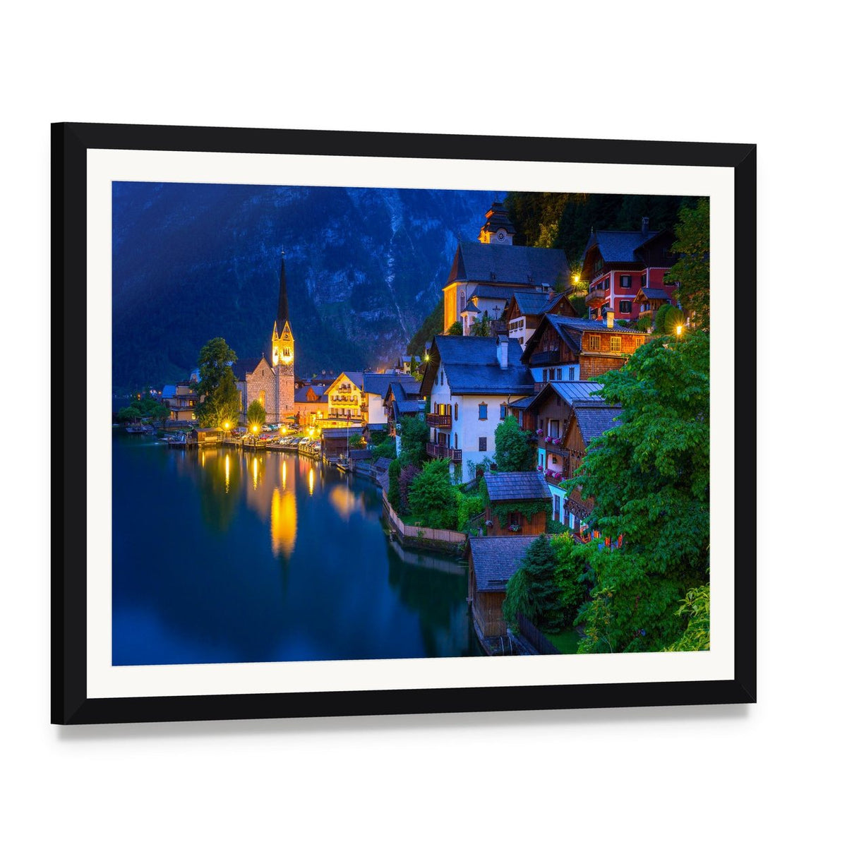 Hallstatt Village Illuminated at Dusk Canvas Wall Art, framed print with white mat and black frame, angled product view
