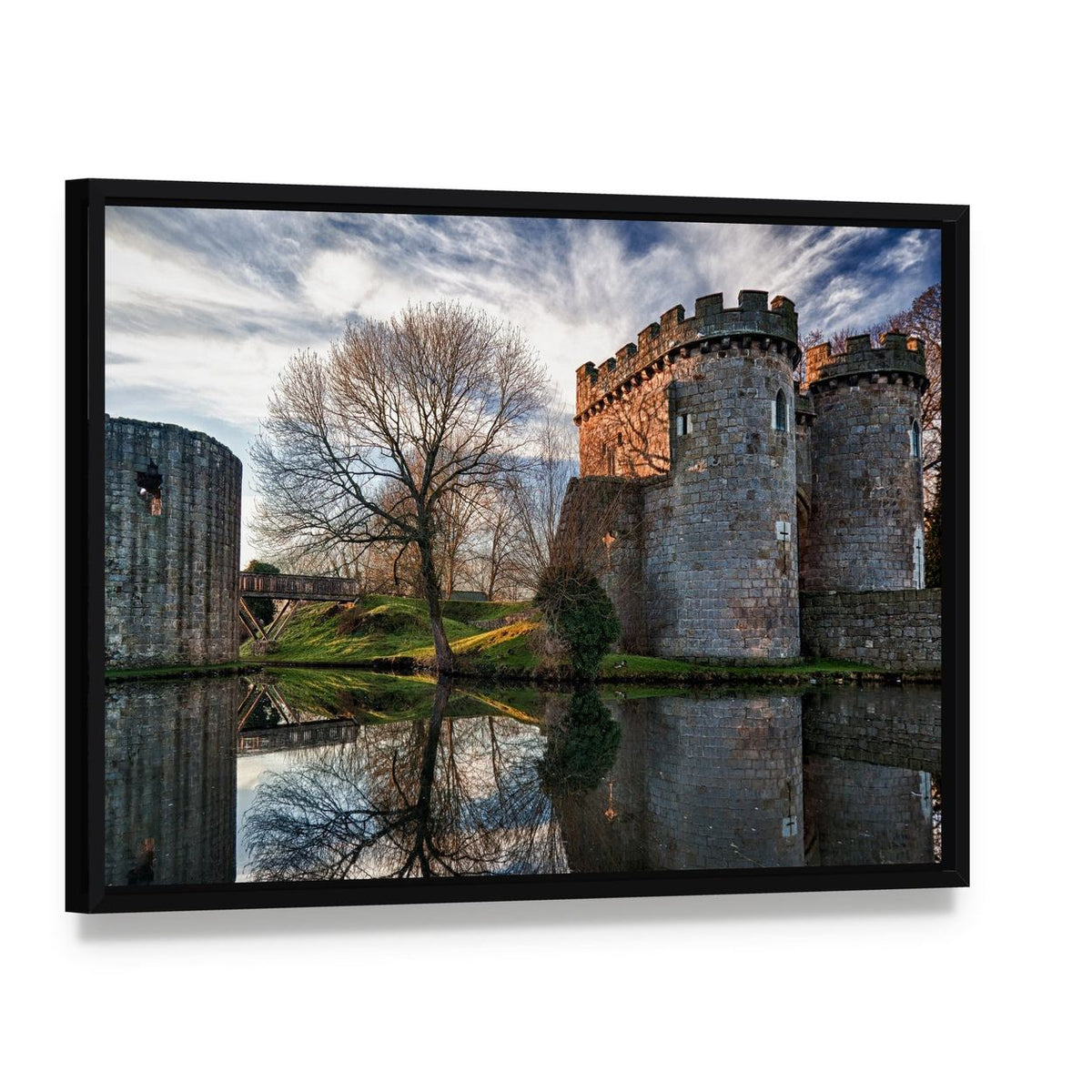 Ancient Whittington Castle Canvas Wall Art, framed canvas in a black floater frame, angled product view