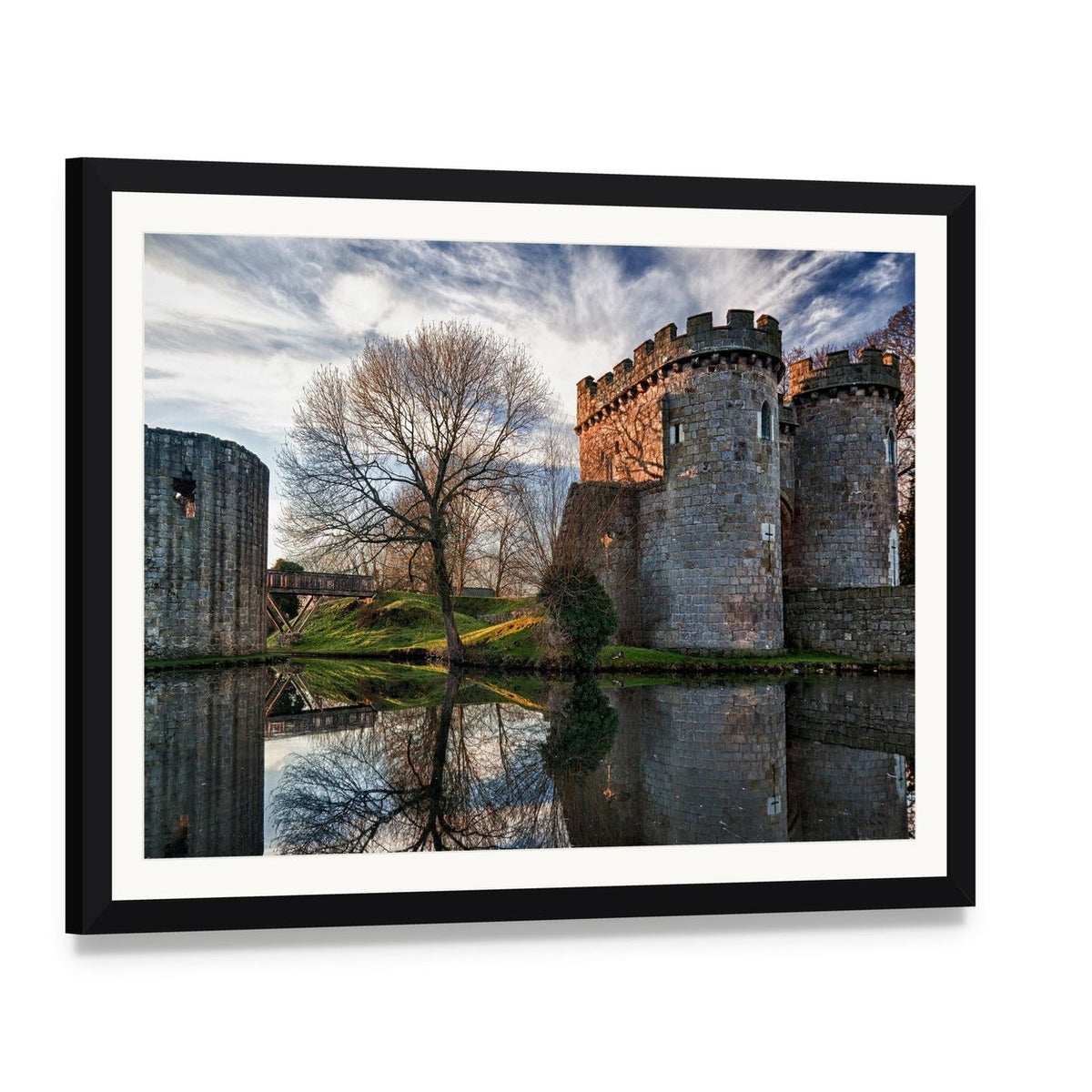 Ancient Whittington Castle Canvas Wall Art, framed print with white mat and black frame, angled product view