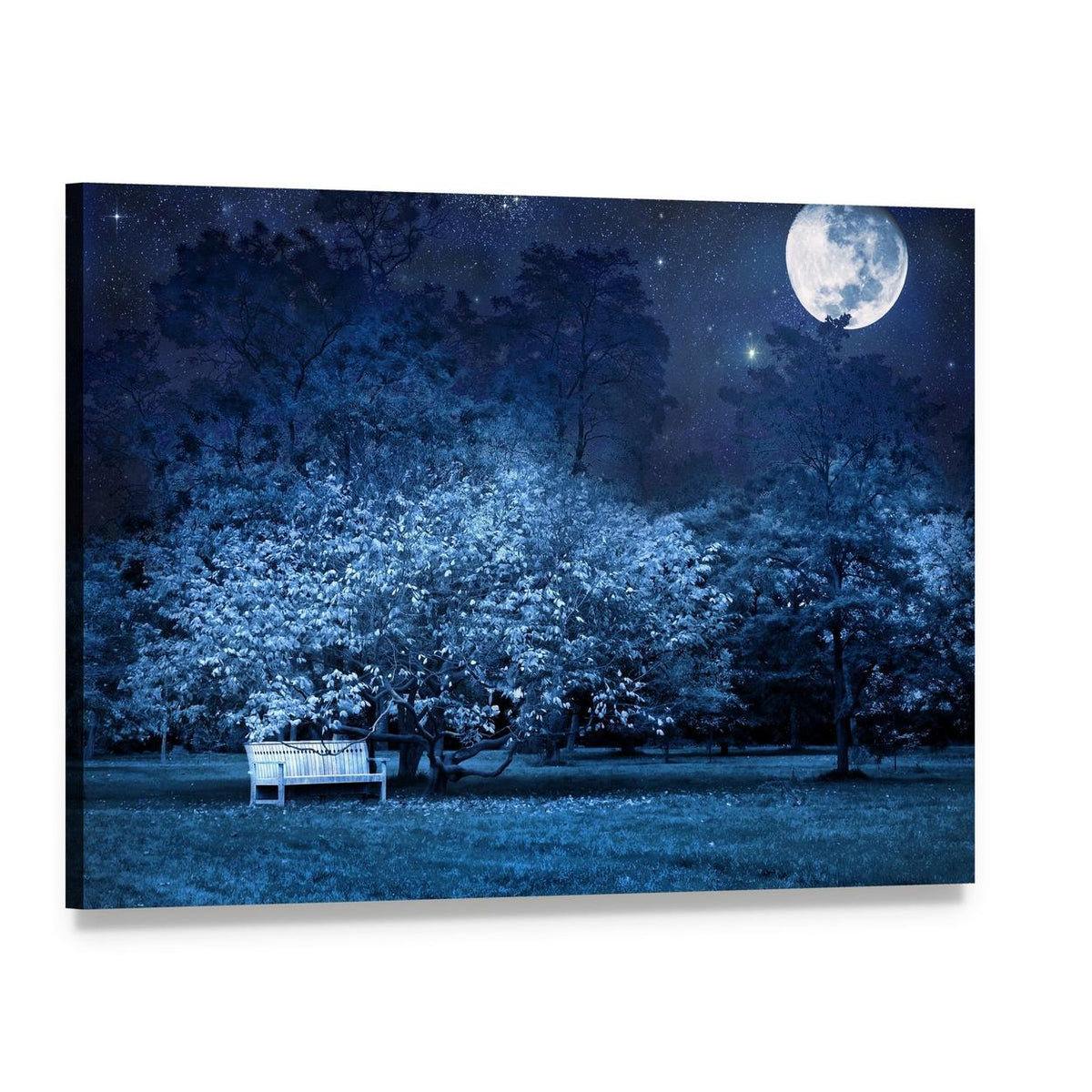 Full Moon Over Park Bench Canvas Wall Art, single panel gallery wrapped canvas, angled product view
