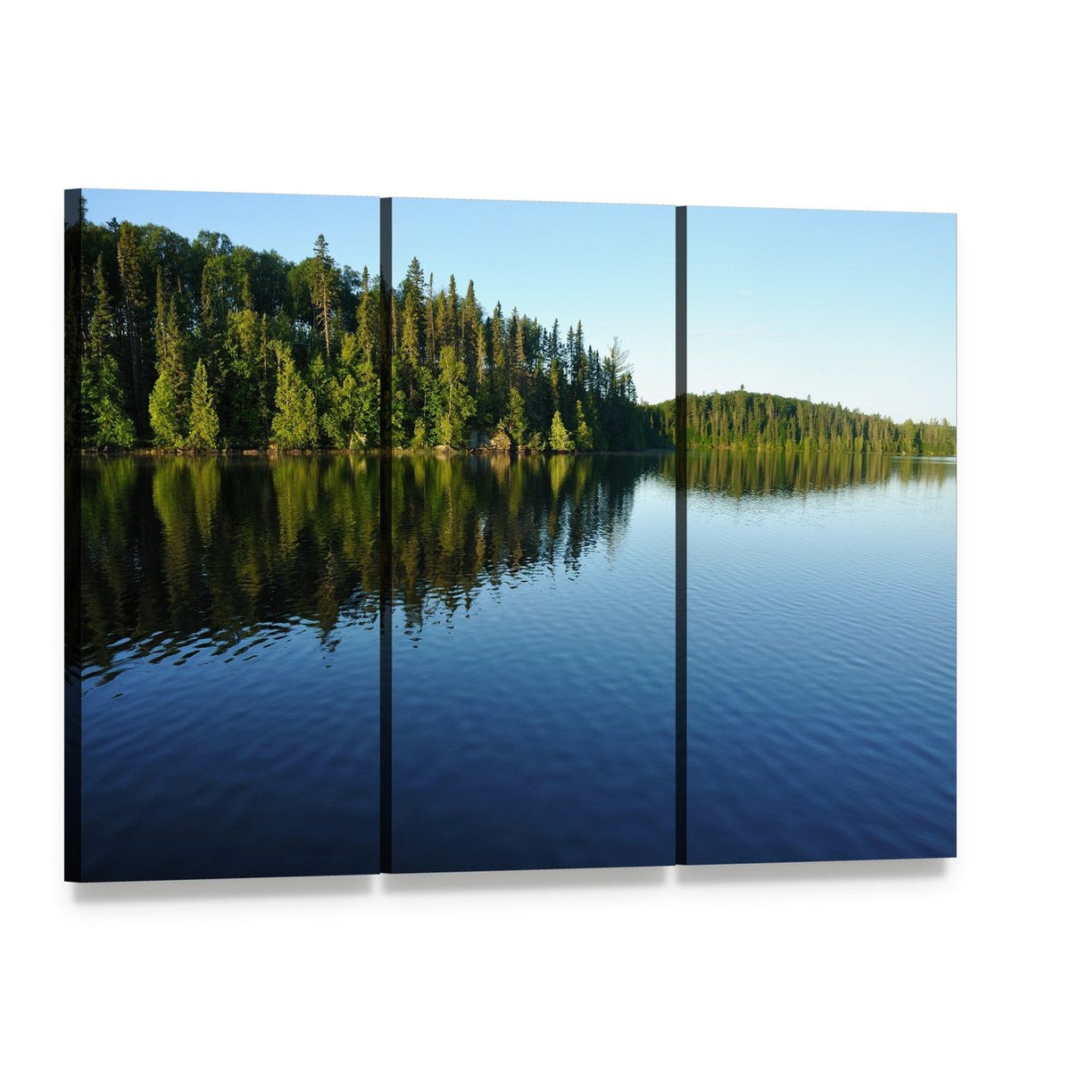 Reflections on a Coniferous Forest Lake Canvas Wall Art, 3 panel 3 Horizontal layout gallery wrapped canvas set, angled product view