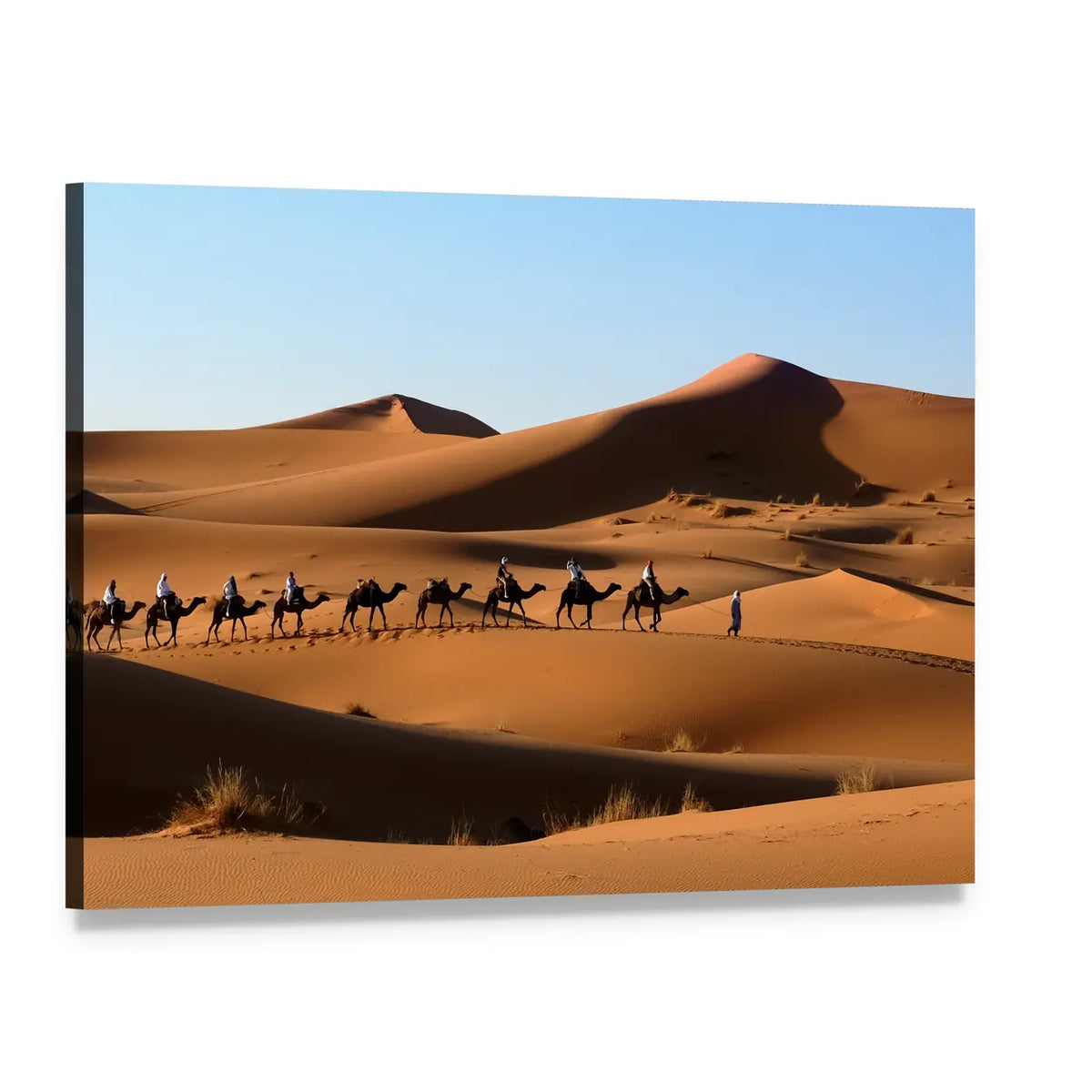 Camel Caravan in Sand Dunes Canvas Wall Art, single panel gallery wrapped canvas, angled product view