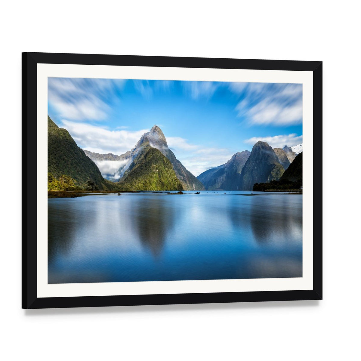 Mitre Peak, New Zealand Canvas Wall Art, framed print with white mat and black frame, angled product view