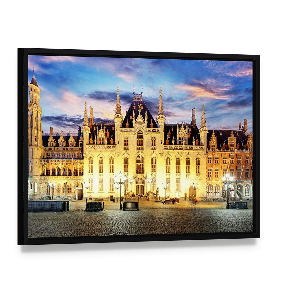 Grote Markt Bruges at Dusk Canvas Wall Art, framed canvas in a black floater frame, angled product view