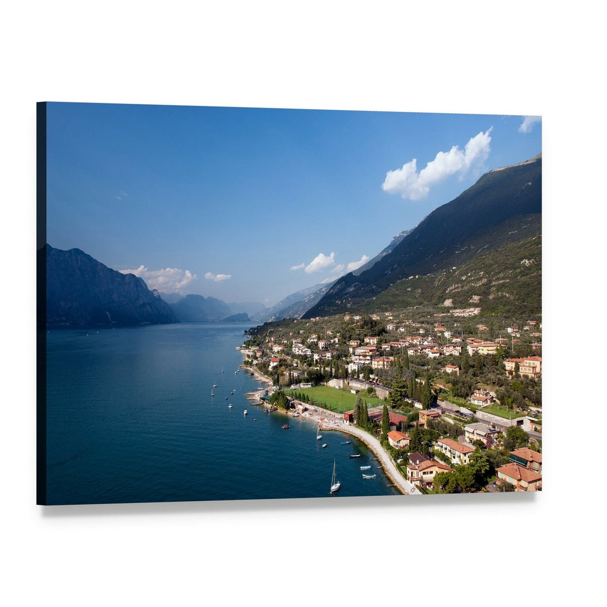 Garda Lake Italy Lakeside Town and Mountains Canvas Wall Art, single panel gallery wrapped canvas, angled product view