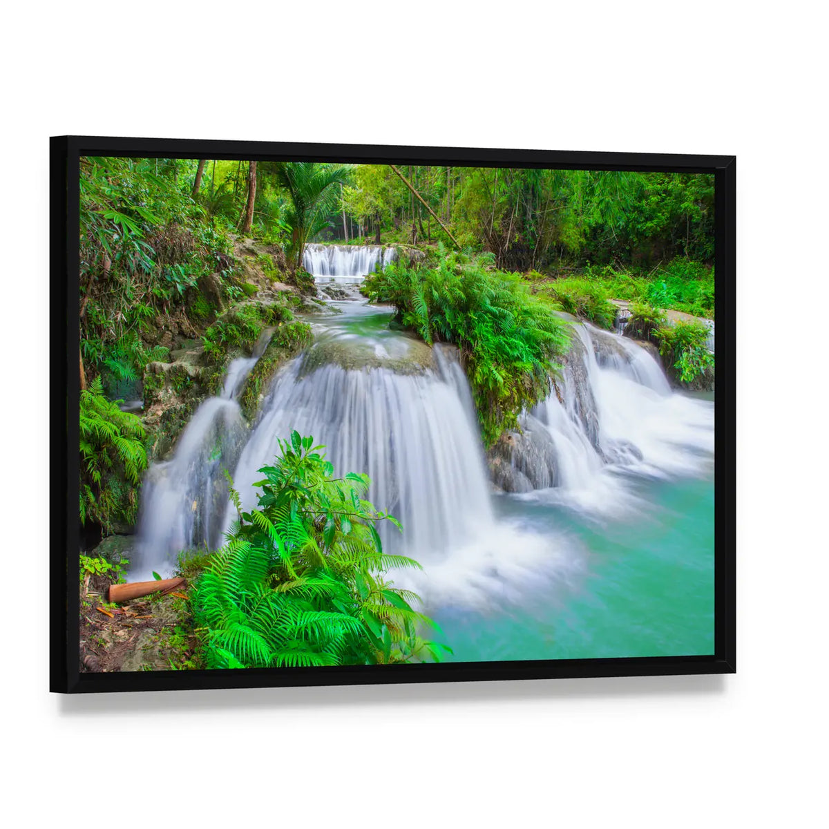 Siquijor Island Waterfall Canvas Wall Art, framed canvas in a black floater frame, angled product view