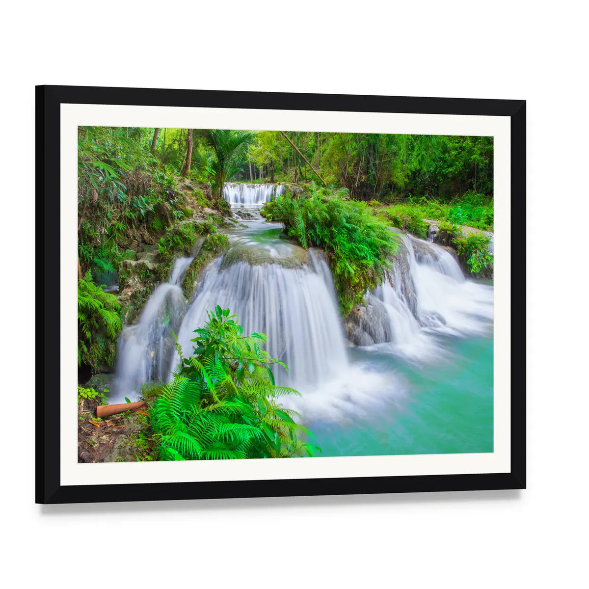 Siquijor Island Waterfall Canvas Wall Art, framed print with white mat and black frame, angled product view
