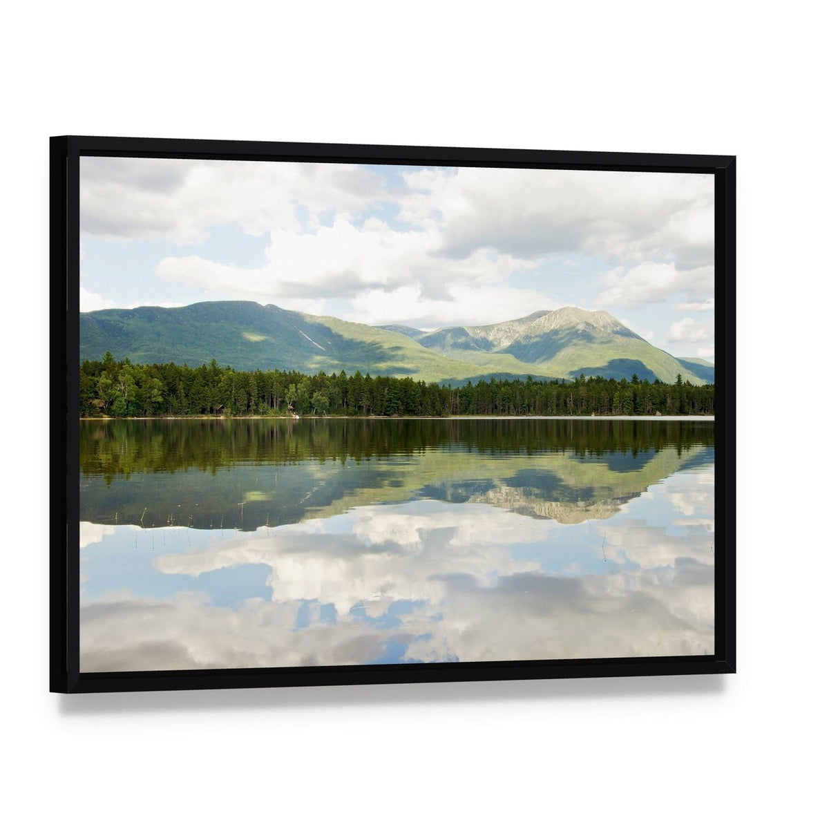 Mt Katahdin Reflected in Lake Canvas Wall Art, framed canvas in a black floater frame, angled product view