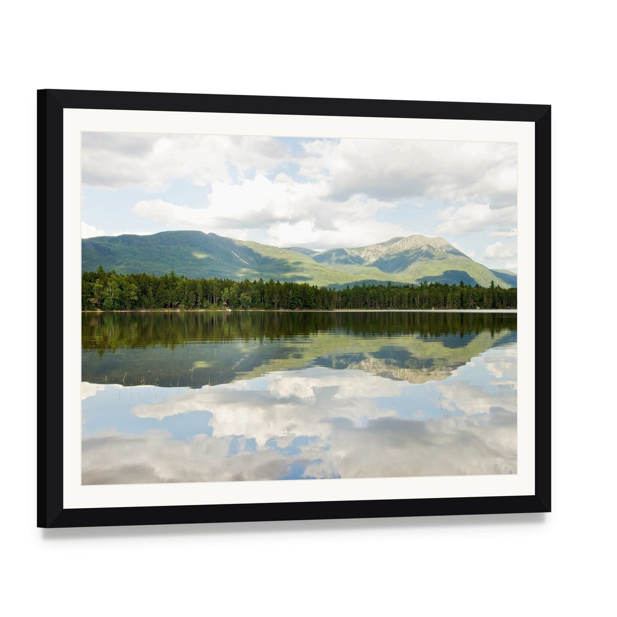 Mt Katahdin Reflected in Lake Canvas Wall Art, framed print with white mat and black frame, angled product view