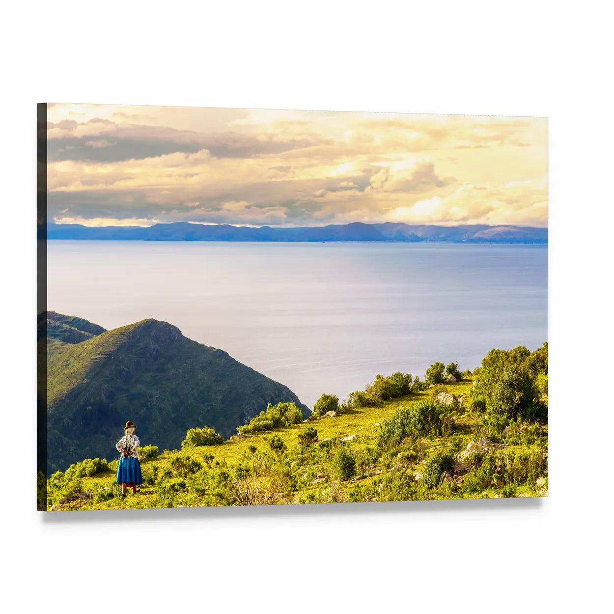 Woman on Hill Over Lake Titicaca Canvas Wall Art, single panel gallery wrapped canvas, angled product view