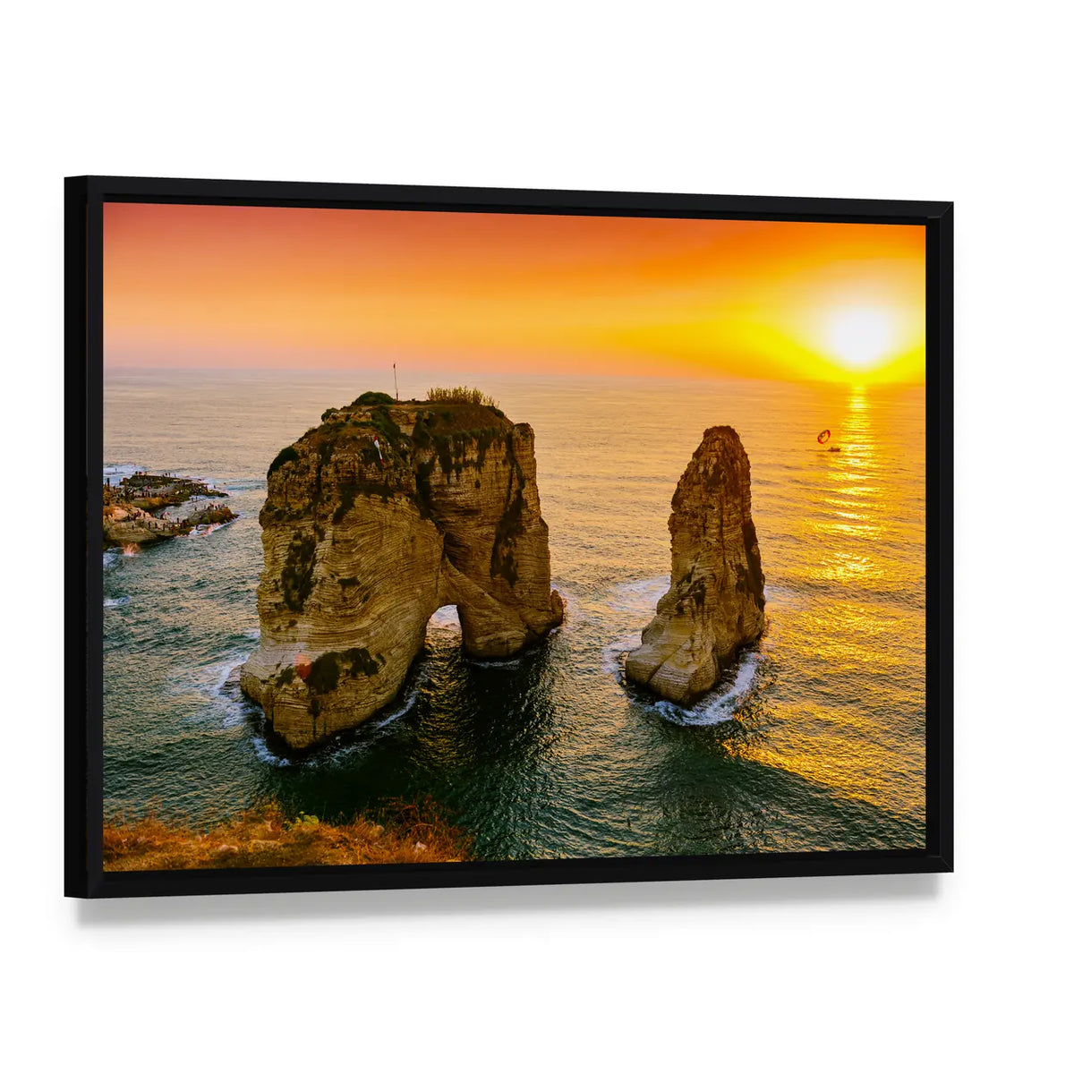 Sunset Over Sea Stacks Canvas Wall Art, framed canvas in a black floater frame, angled product view