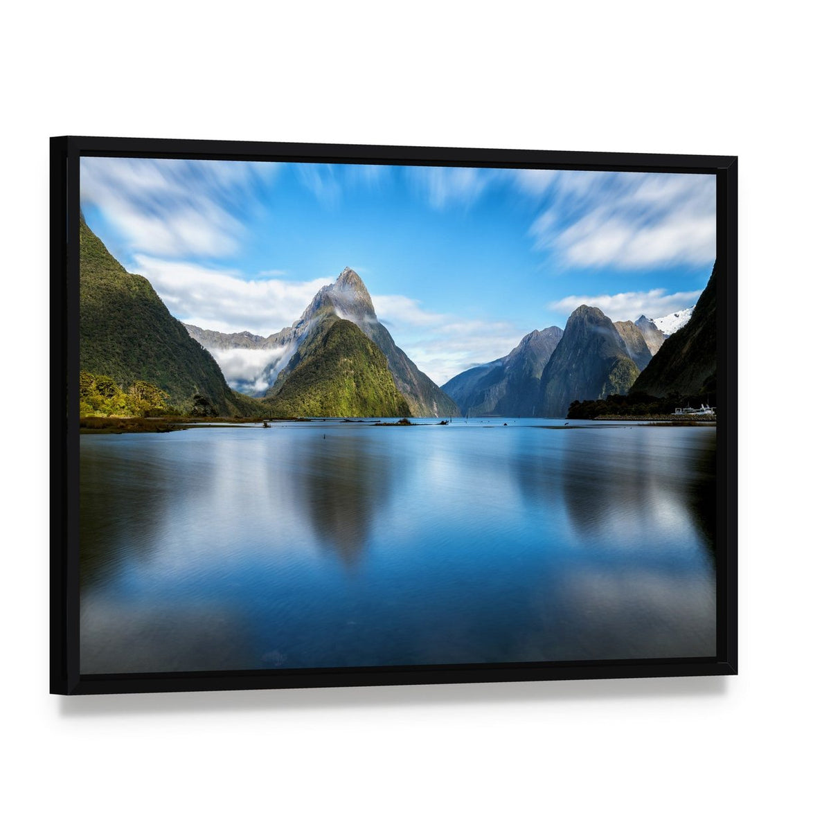 Mitre Peak Reflected in Lake Canvas Wall Art, framed canvas in a black floater frame, angled product view