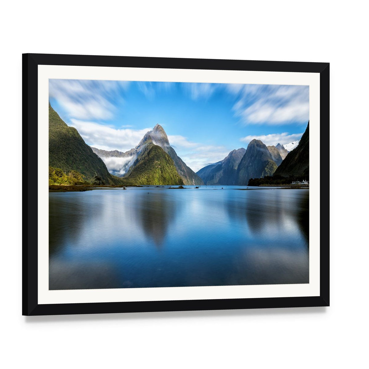 Mitre Peak Reflected in Lake Canvas Wall Art, framed print with white mat and black frame, angled product view