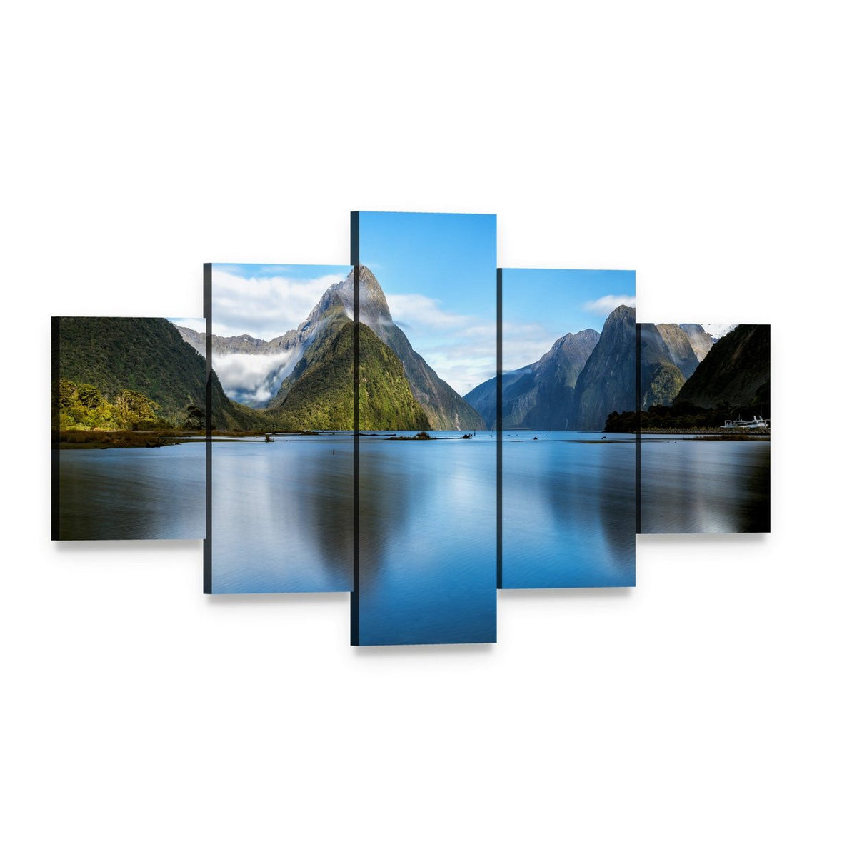 Mitre Peak Reflected in Lake Canvas Wall Art, 5 panel 5 Star layout gallery wrapped canvas set, angled product view