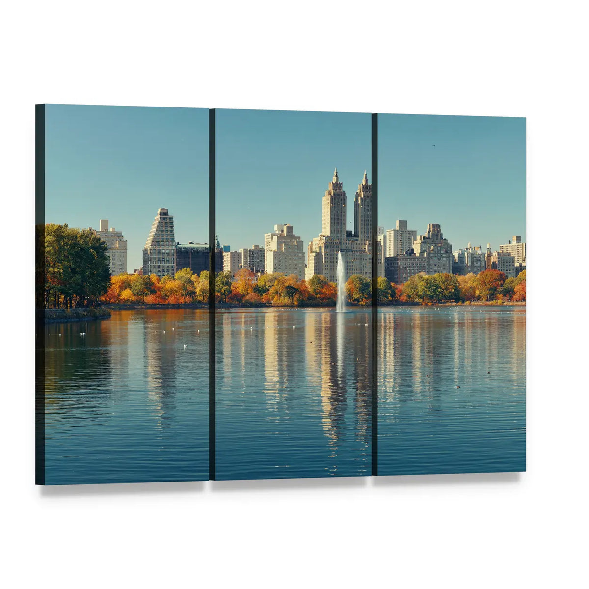 Manhattan Skyline Over Lake with Fountain Canvas Wall Art, 3 panel 3 Horizontal layout gallery wrapped canvas set, angled product view