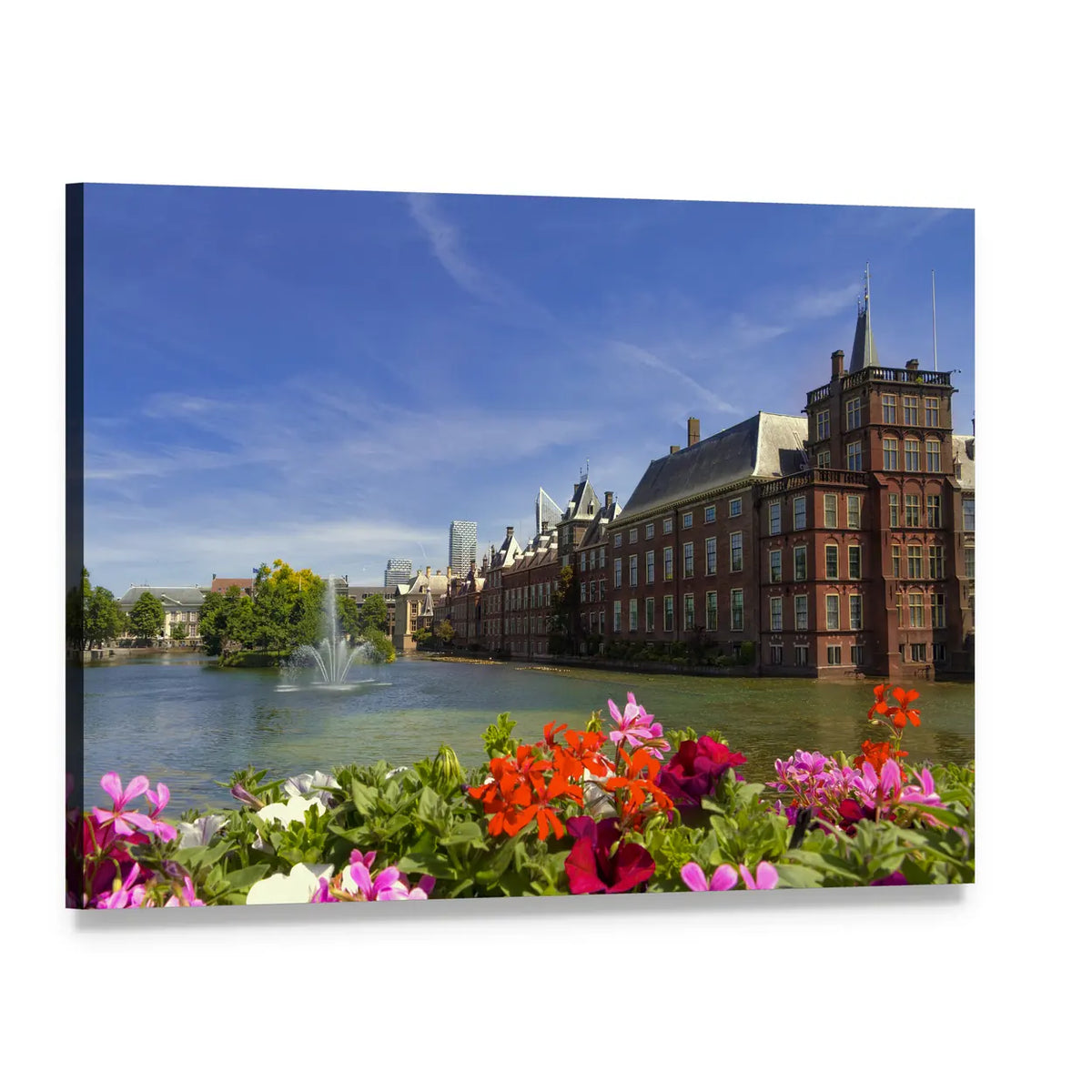 Dutch Parliament Buildings with Fountain and Flowers Canvas Wall Art, single panel gallery wrapped canvas, angled product view