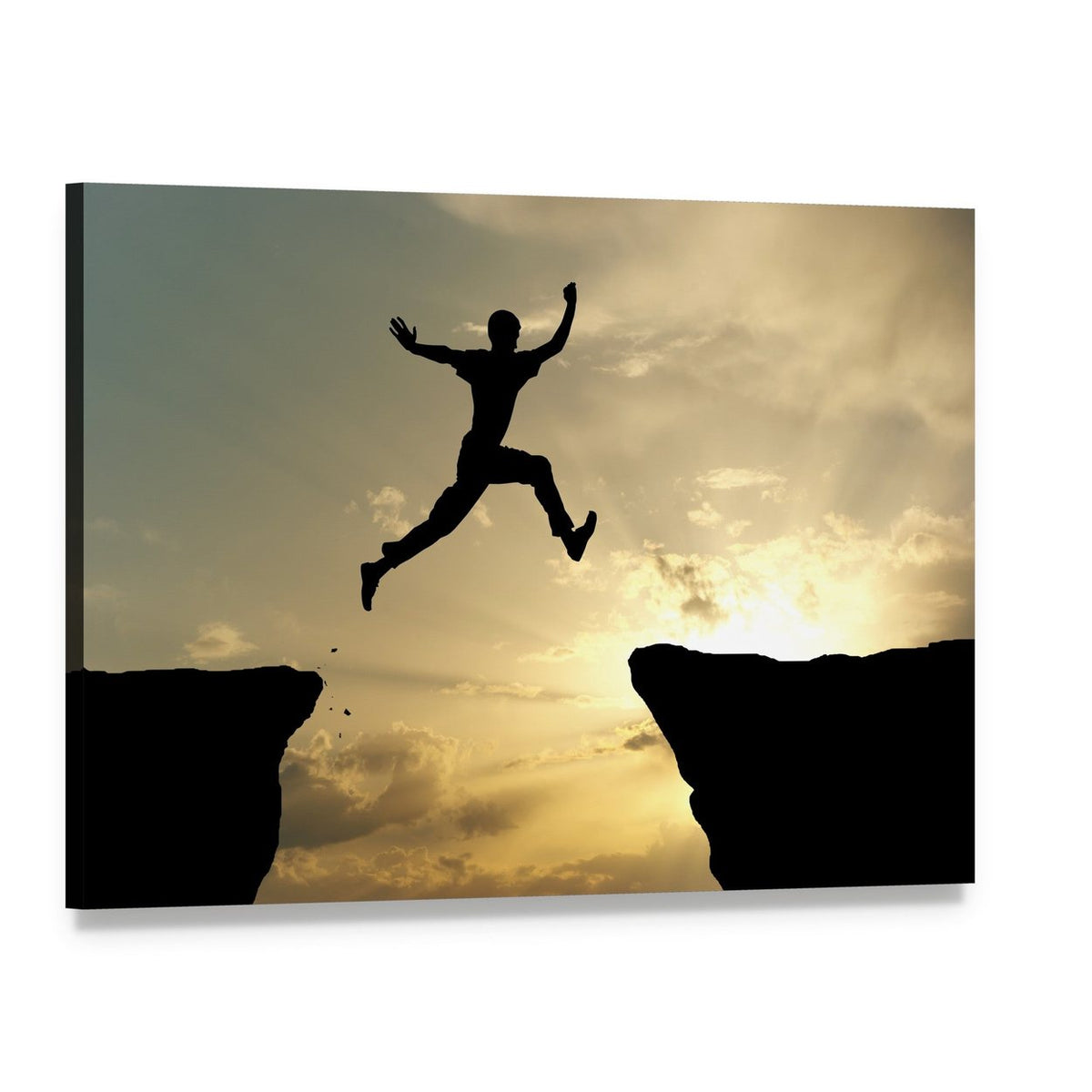 Sunset Silhouette Leaping Between Cliffs Canvas Wall Art, single panel gallery wrapped canvas, angled product view