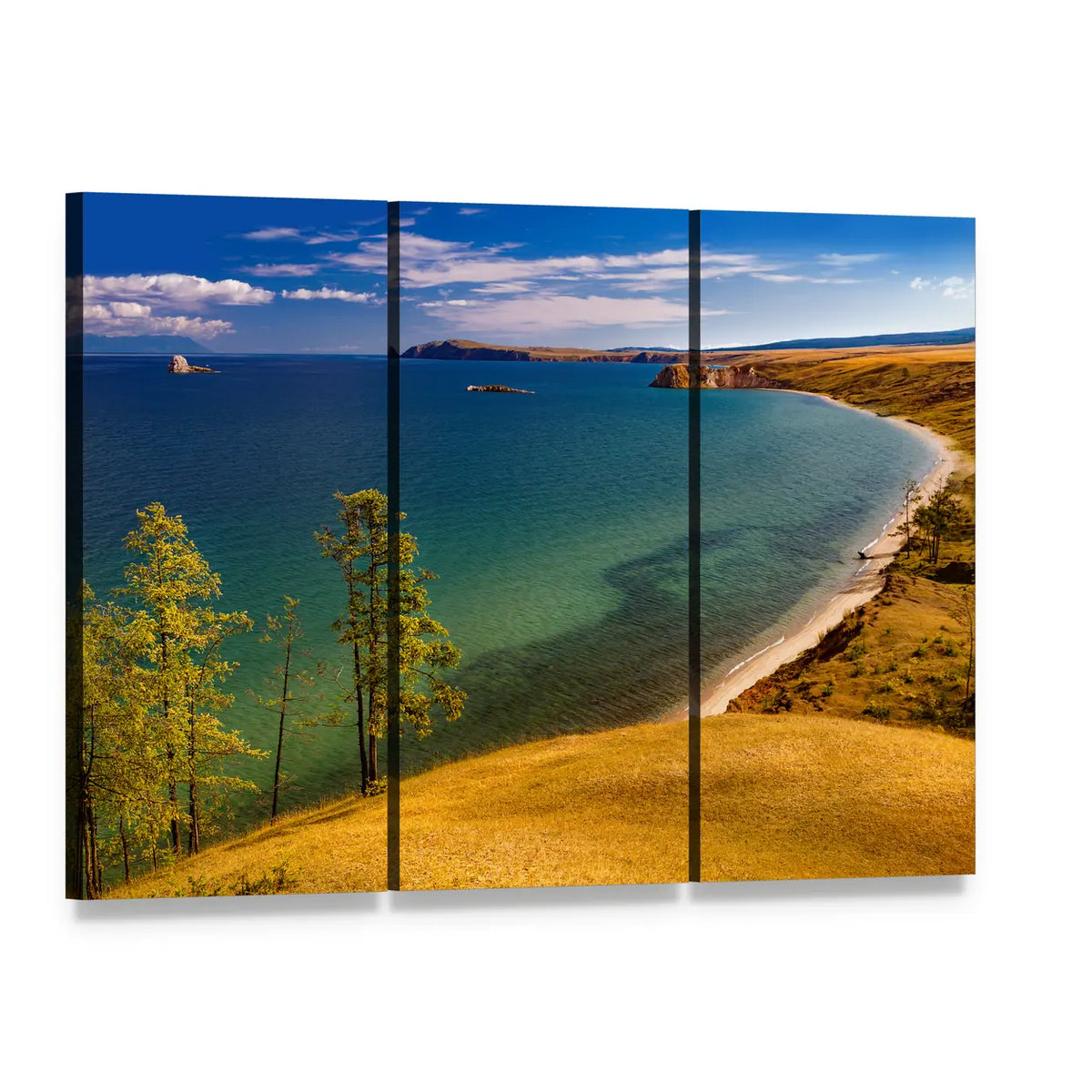 Baikal Coast with Two Slender Trees Canvas Wall Art, 3 panel 3 Horizontal layout gallery wrapped canvas set, angled product view
