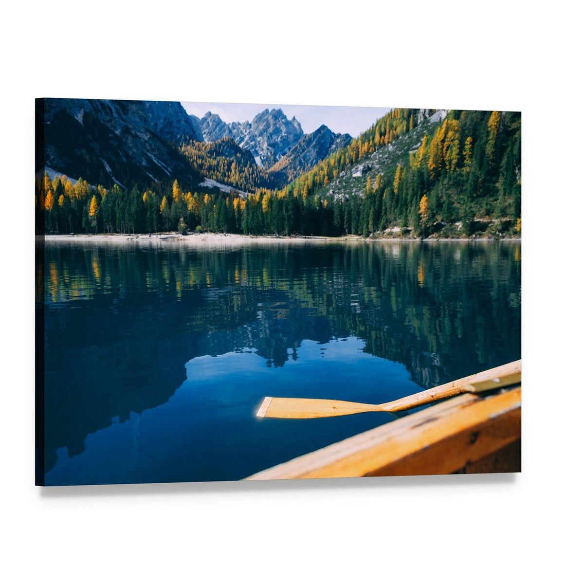 Canoe on Pragser Wildsee Canvas Wall Art, single panel gallery wrapped canvas, angled product view