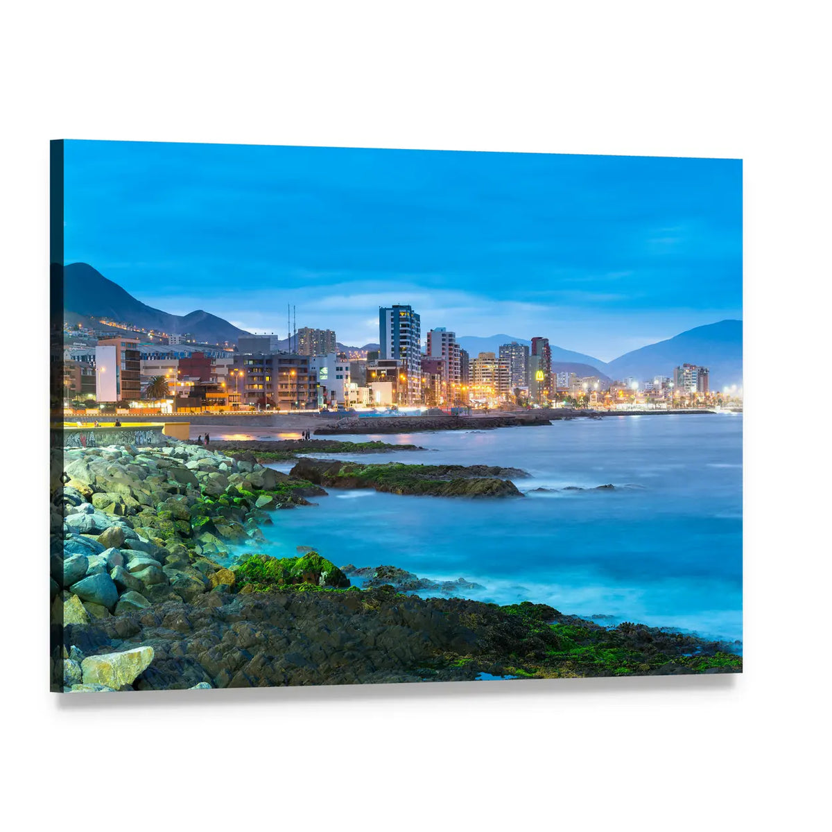 Twilight Coastline with City Lights Canvas Wall Art, single panel gallery wrapped canvas, angled product view