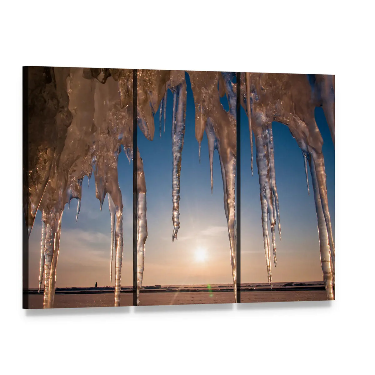 Sunset Icicles Close-up Canvas Wall Art, 3 panel 3 Horizontal layout gallery wrapped canvas set, angled product view