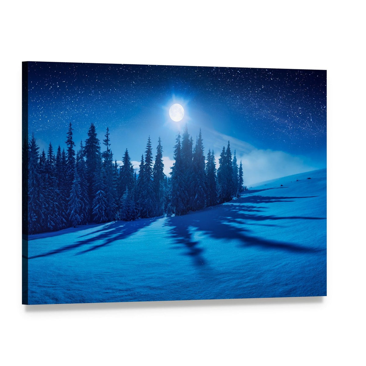 Moonlit Winter Mountain Valley Canvas Wall Art, single panel gallery wrapped canvas, angled product view