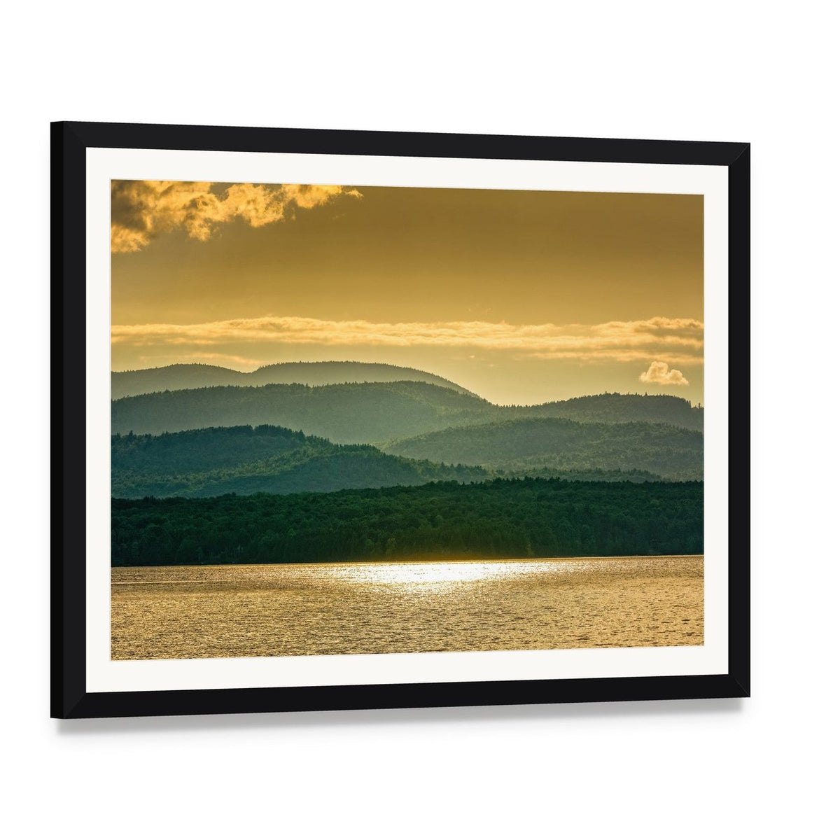 Lake Champlain at Sunset Canvas Wall Art, framed print with white mat and black frame, angled product view
