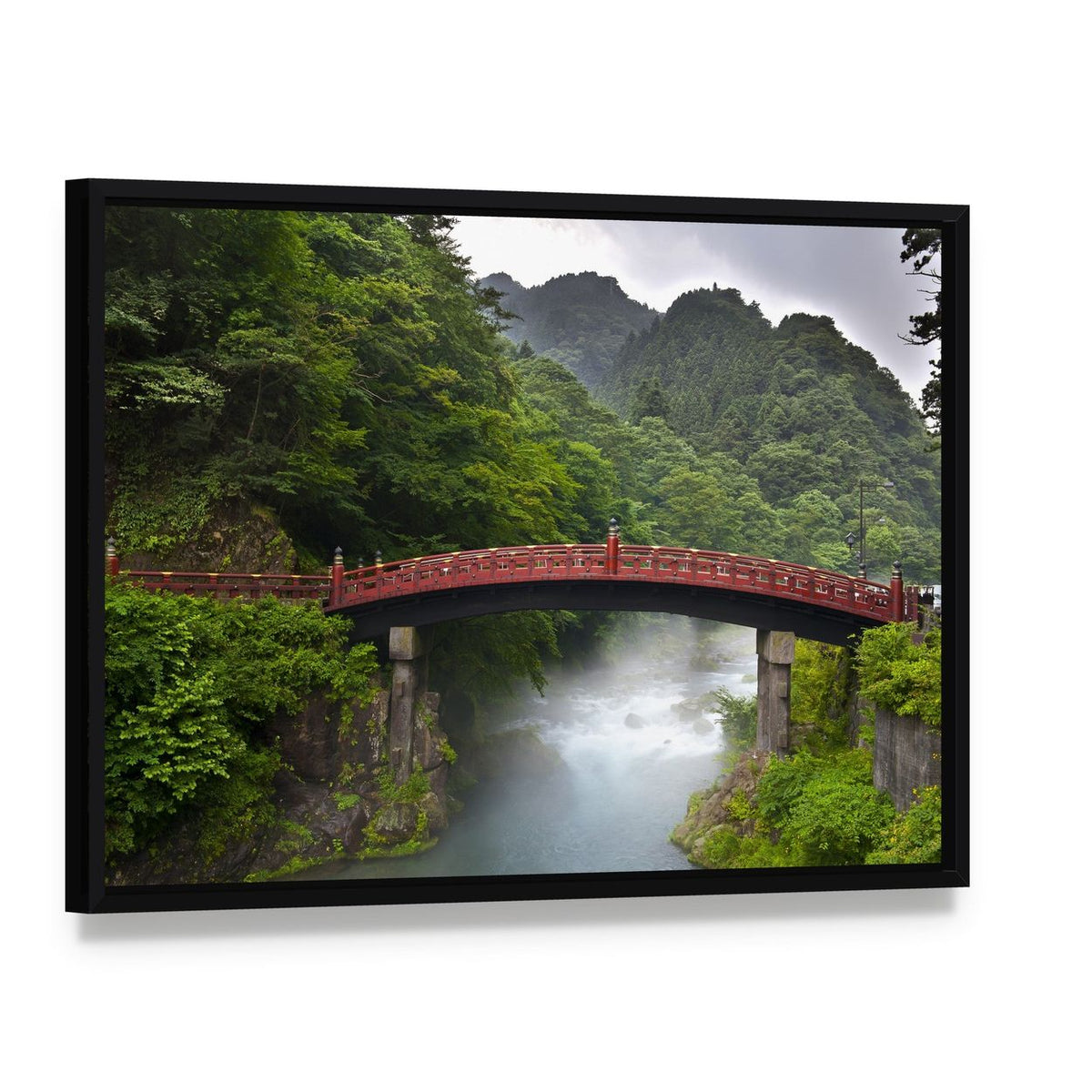 Red Sacred Bridge Shinkyo in Nikko Canvas Wall Art, framed canvas in a black floater frame, angled product view