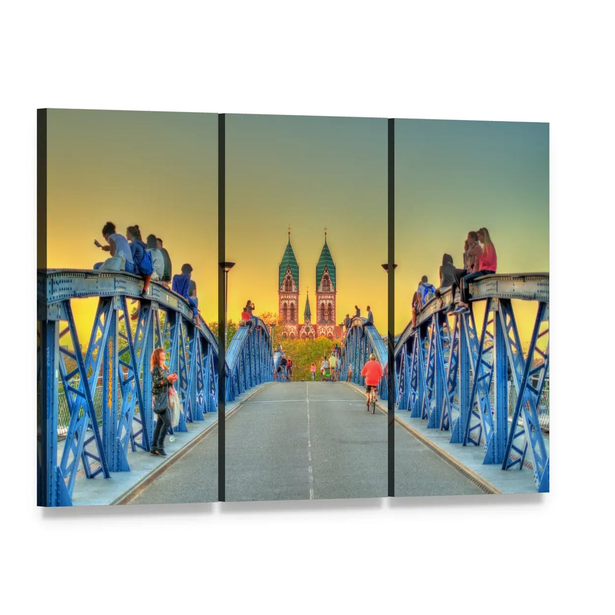 Wiwili Bridge in Freiburg at Sunset Canvas Wall Art, 3 panel 3 Horizontal layout gallery wrapped canvas set, angled product view