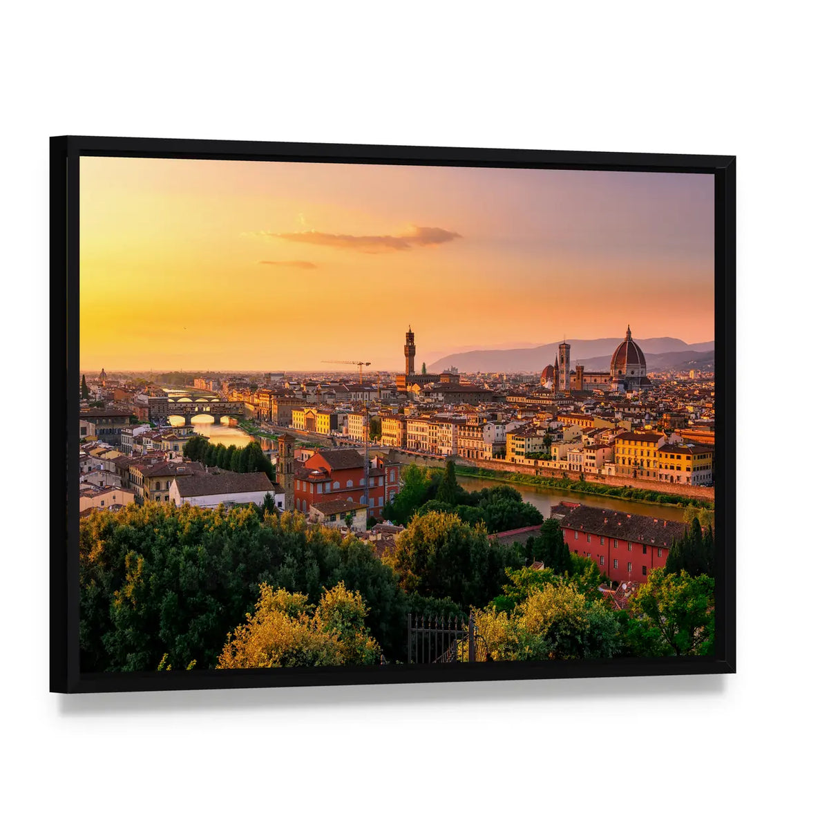 Florence Sunset Over Duomo and Arno Canvas Wall Art, framed canvas in a black floater frame, angled product view