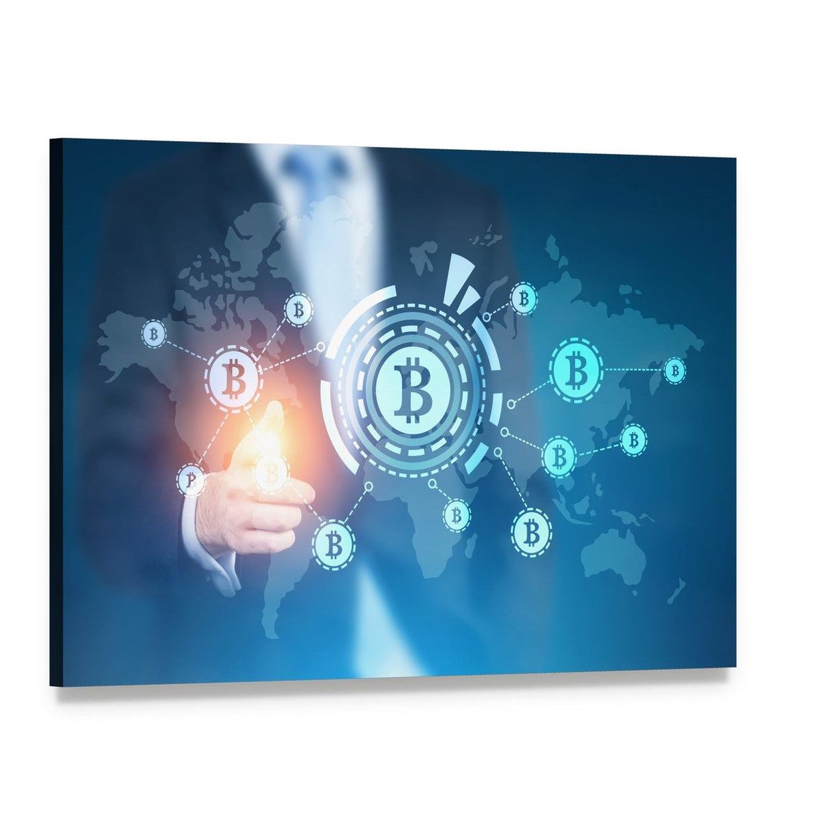 Businessman Pointing to Bitcoin Network Canvas Wall Art, single panel gallery wrapped canvas, angled product view