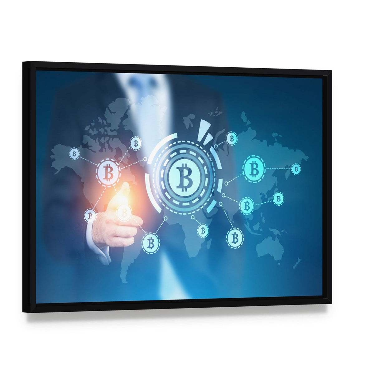 Businessman Pointing to Bitcoin Network Canvas Wall Art, framed canvas in a black floater frame, angled product view